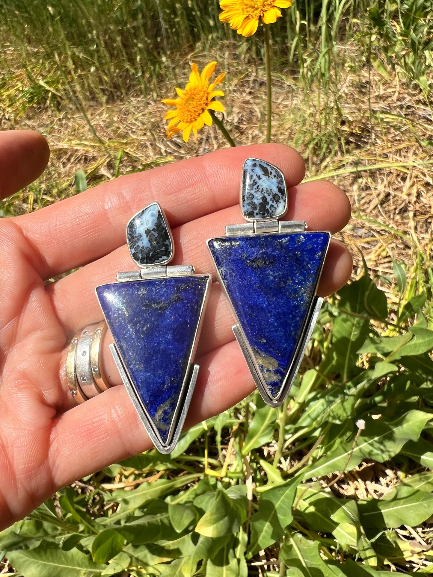 Bold Lapis Lazuli & Dendritic Agate Earrings with Hinged Sterling Silver Design