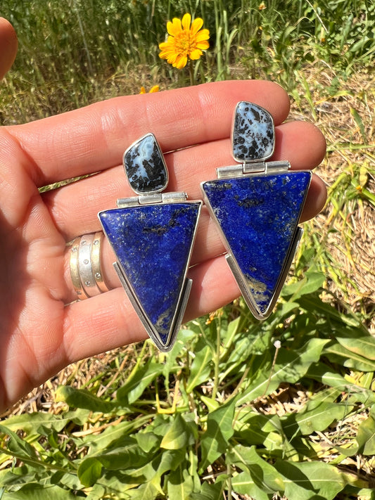 Bold Lapis Lazuli & Dendritic Agate Earrings with Hinged Sterling Silver Design