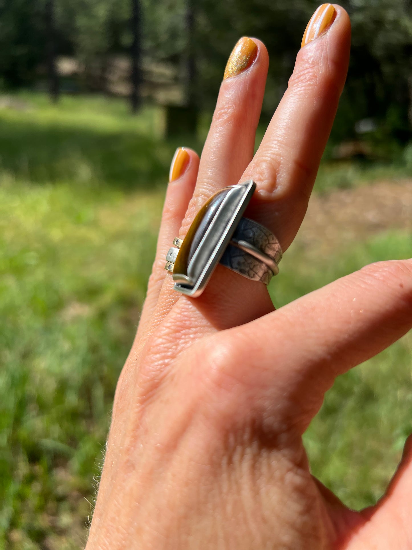 Tiger's Eye Statement Ring with Leaf-Textured Band