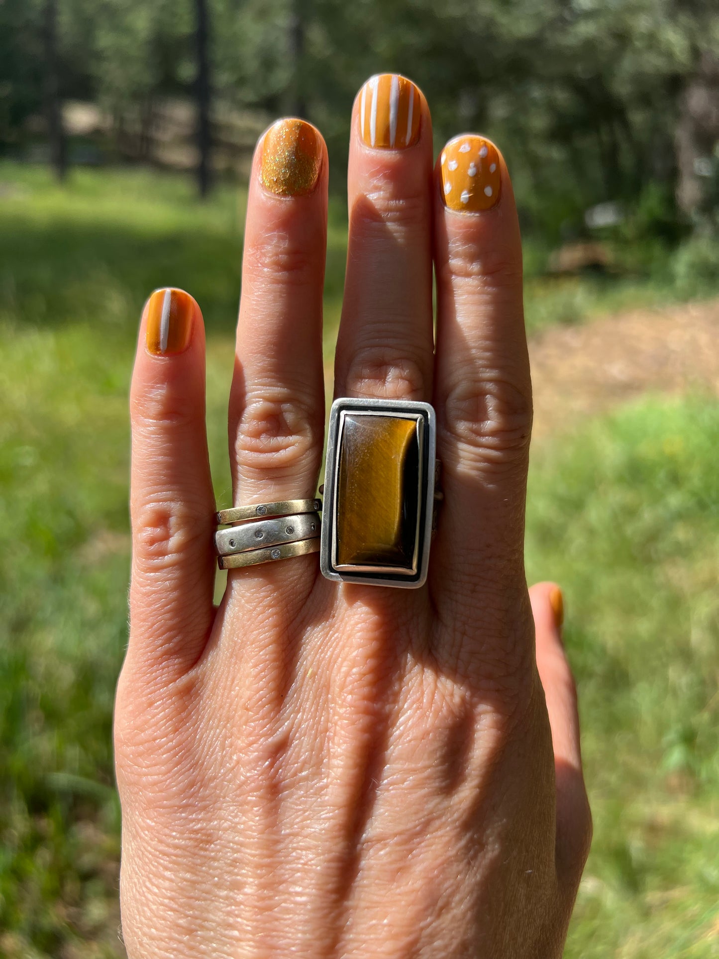 Tiger's Eye Statement Ring with Leaf-Textured Band