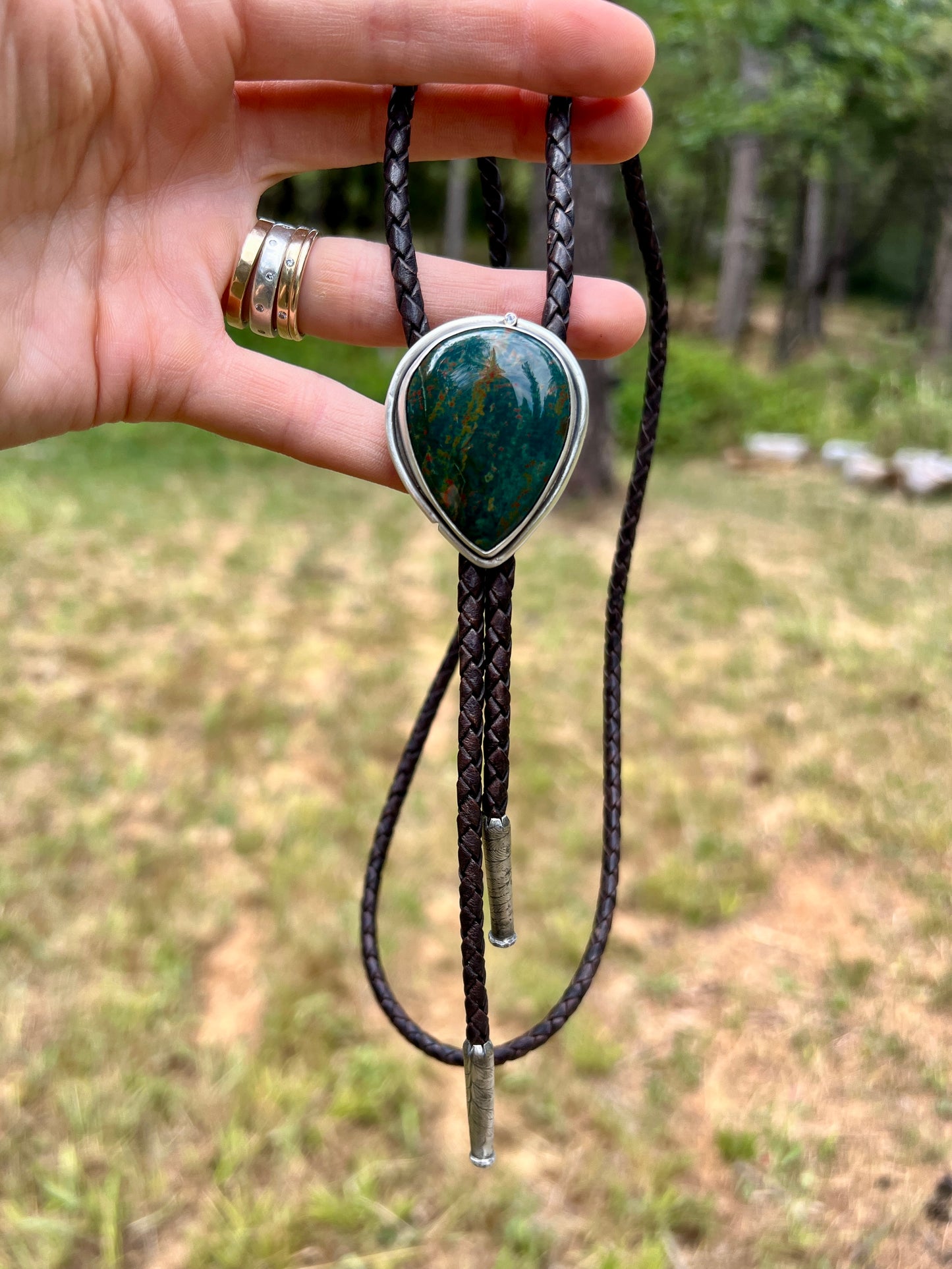 Bloodstone & White Sapphire Bolo Tie