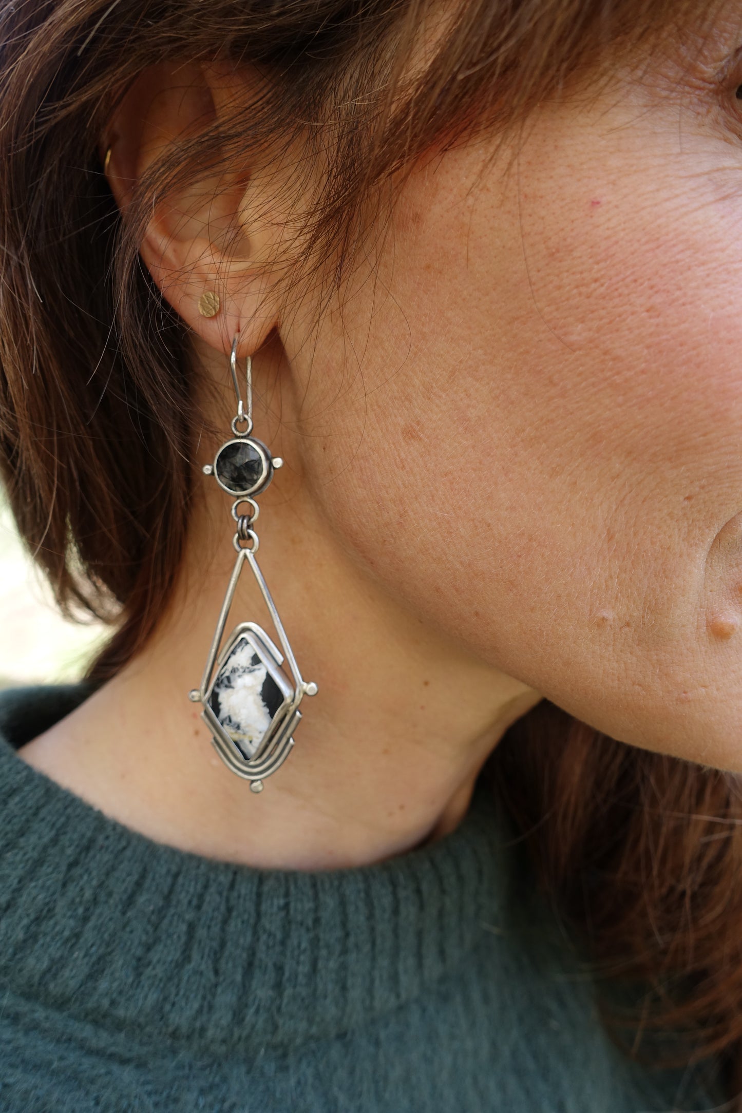 White Buffalo Turquoise & Tourmalinated Quartz Earrings