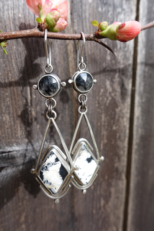 White Buffalo Turquoise & Tourmalinated Quartz Earrings