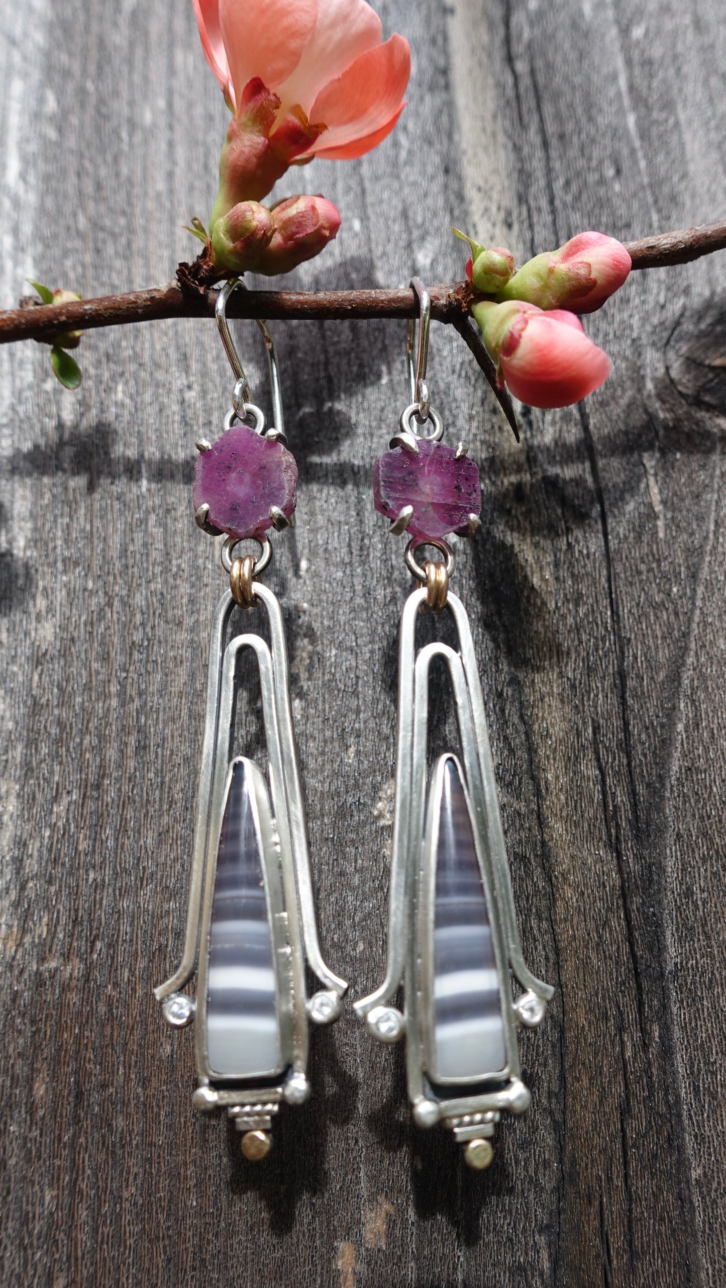 Raw Ruby & Striped Agate Statement Earrings