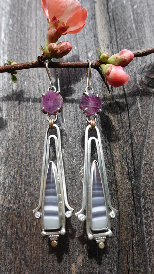 Raw Ruby & Striped Agate Statement Earrings