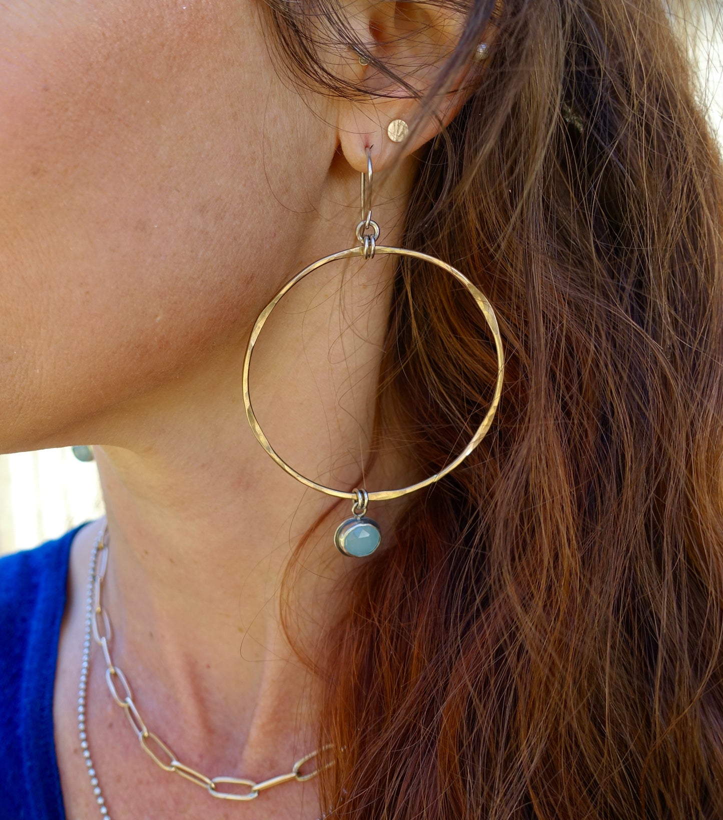 Mixed Metal Hoop Earrings with Rose-cut Aquamarine