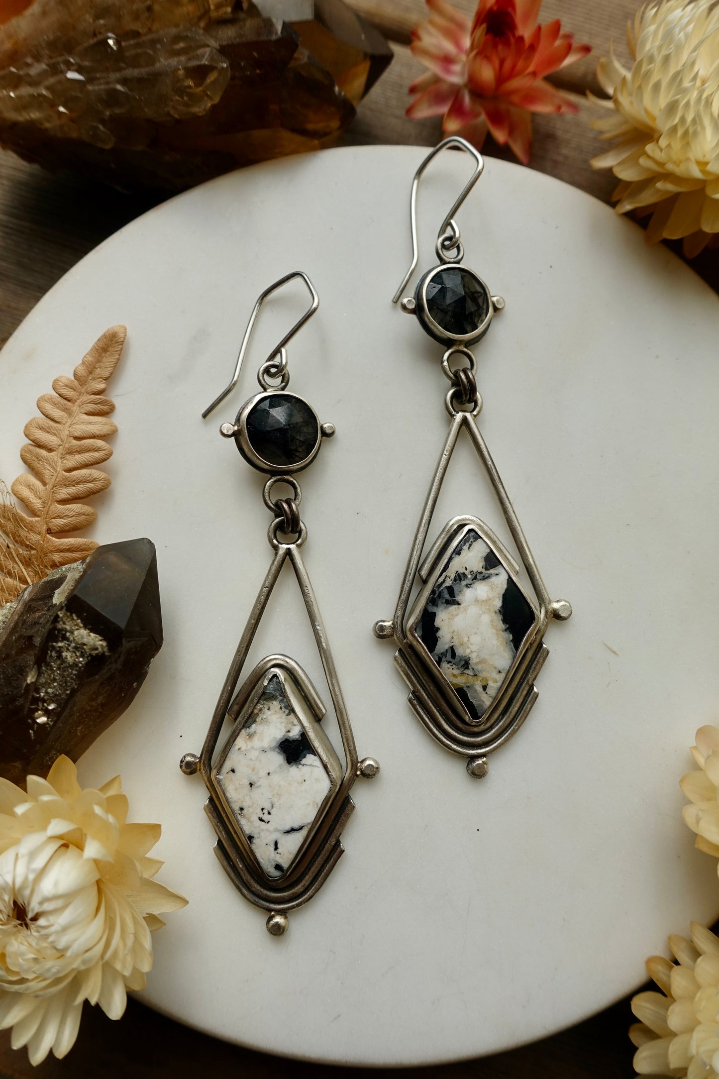 White Buffalo Turquoise & Tourmalinated Quartz Earrings