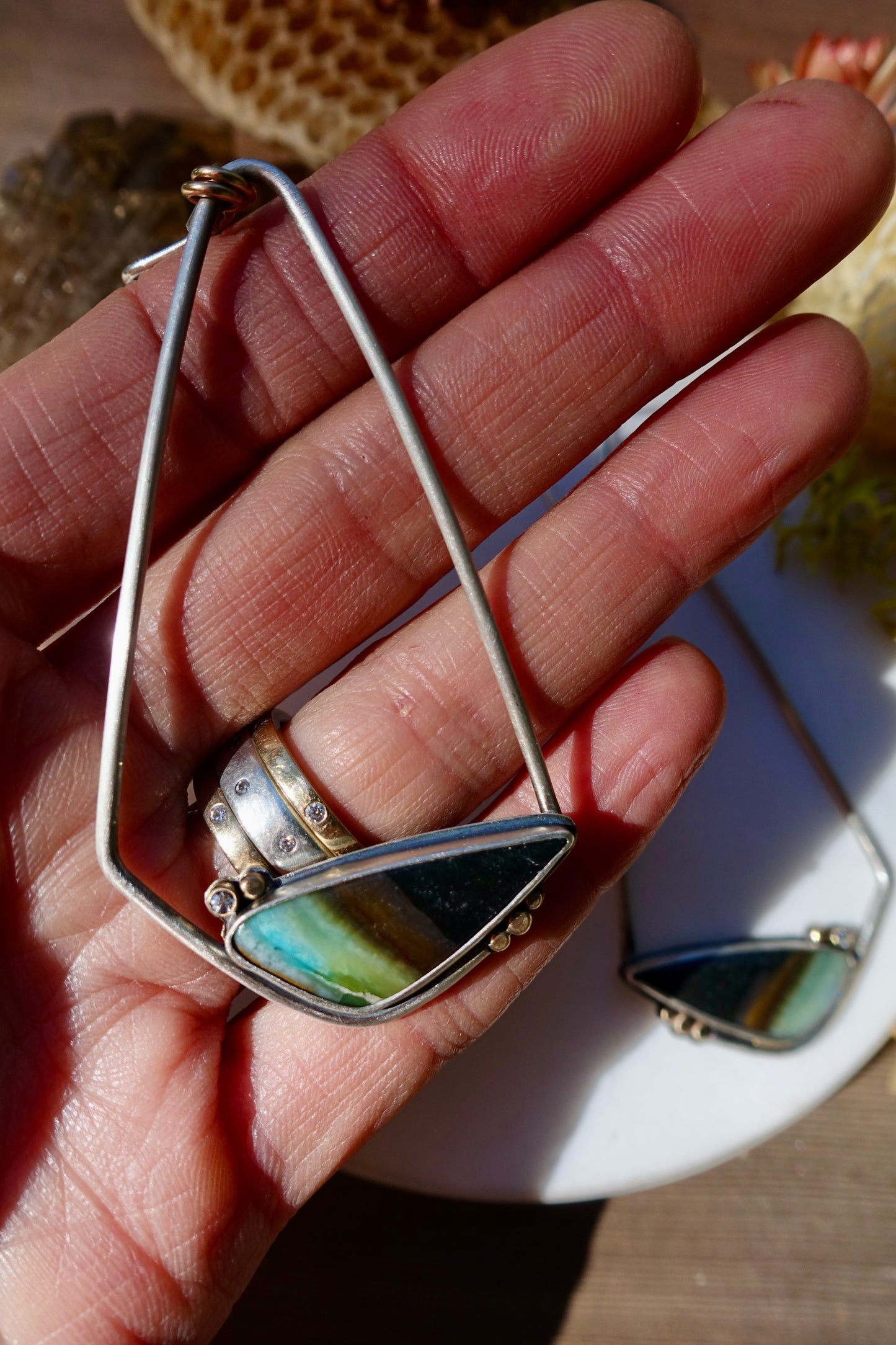 Opalized Petrified Wood Earrings with Gold & White Sapphires