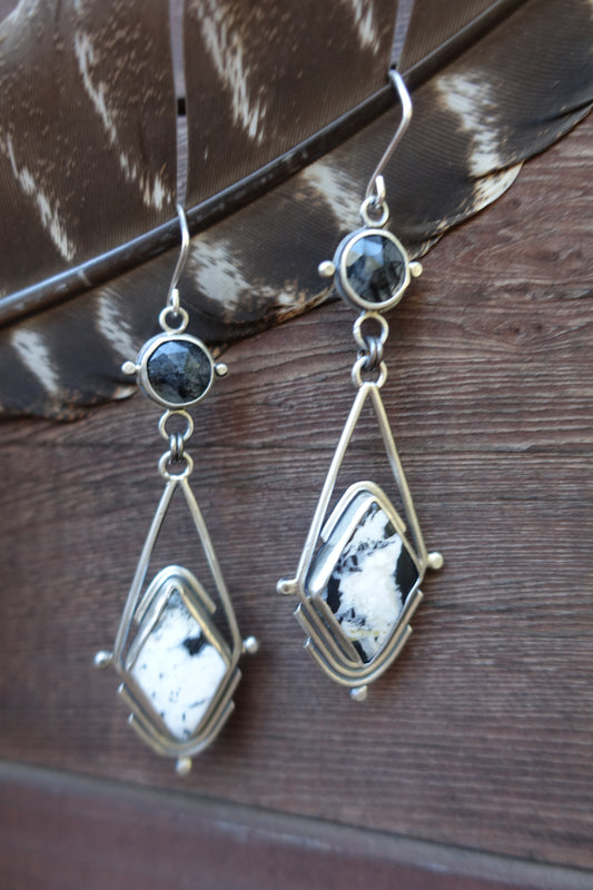 White Buffalo Turquoise & Tourmalinated Quartz Earrings