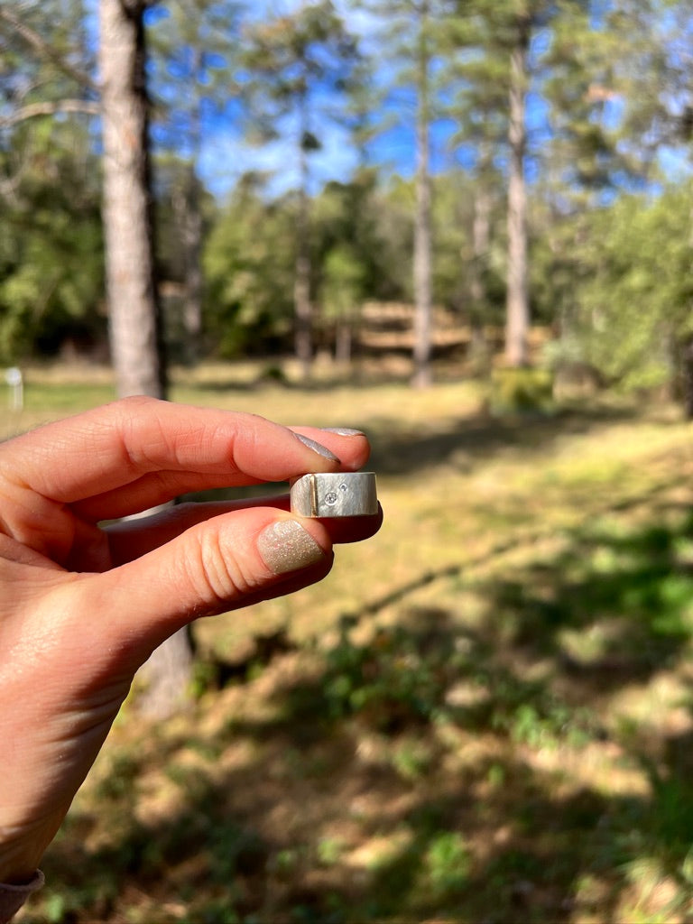 Modern Elegance Hammered Band ~ Sterling Silver, Diamonds & 14K Gold Accent