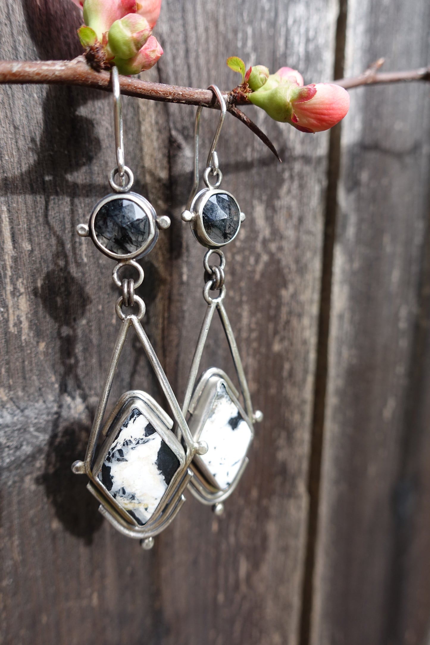 White Buffalo Turquoise & Tourmalinated Quartz Earrings