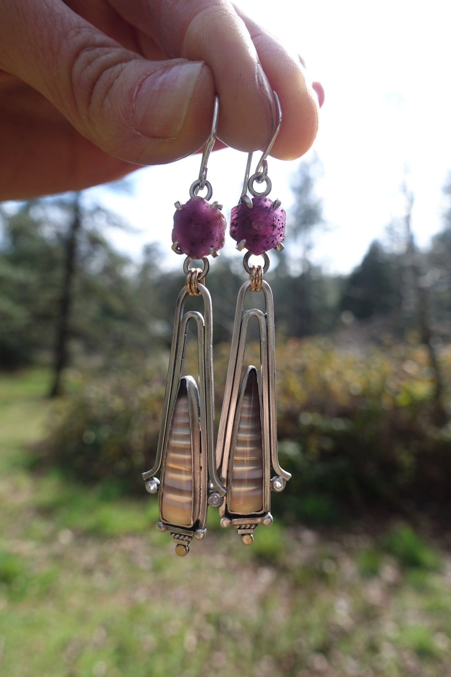 Raw Ruby & Striped Agate Statement Earrings