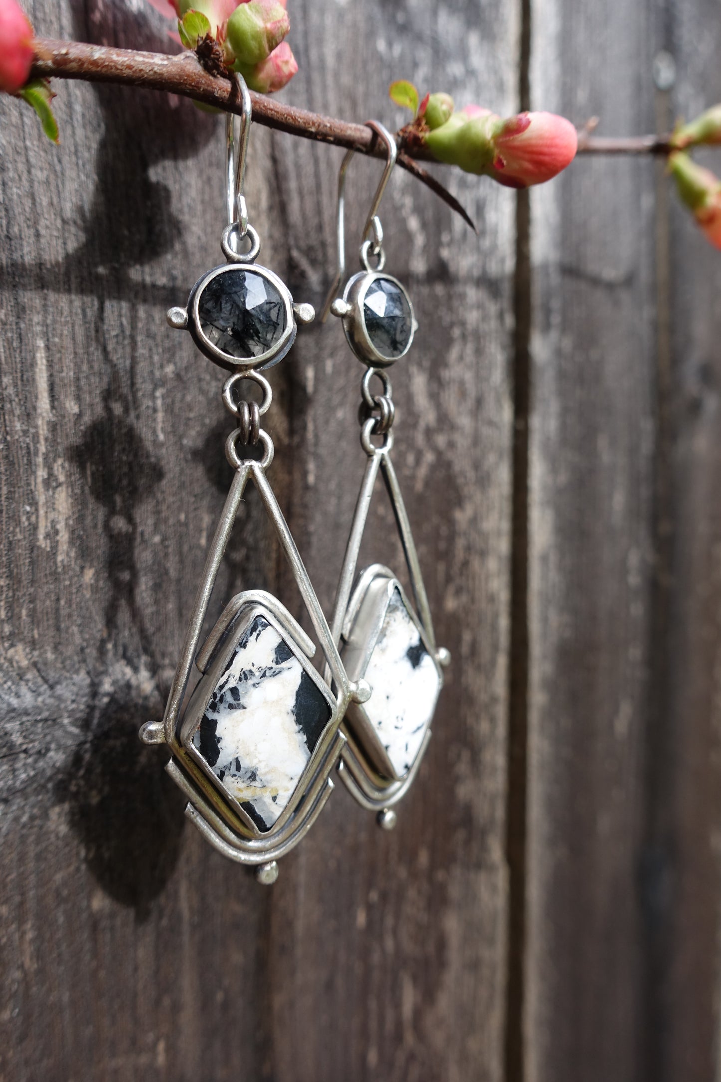 White Buffalo Turquoise & Tourmalinated Quartz Earrings