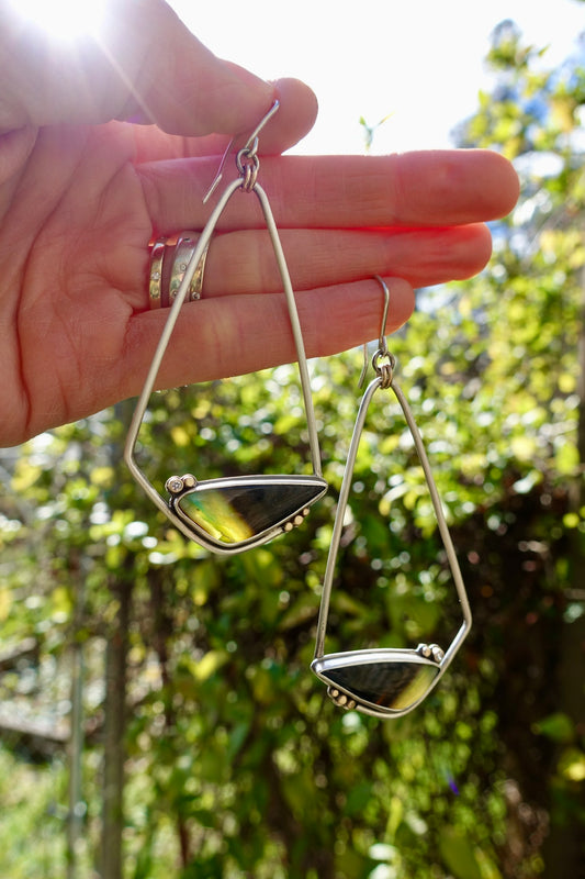 Opalized Petrified Wood Earrings with Gold & White Sapphires