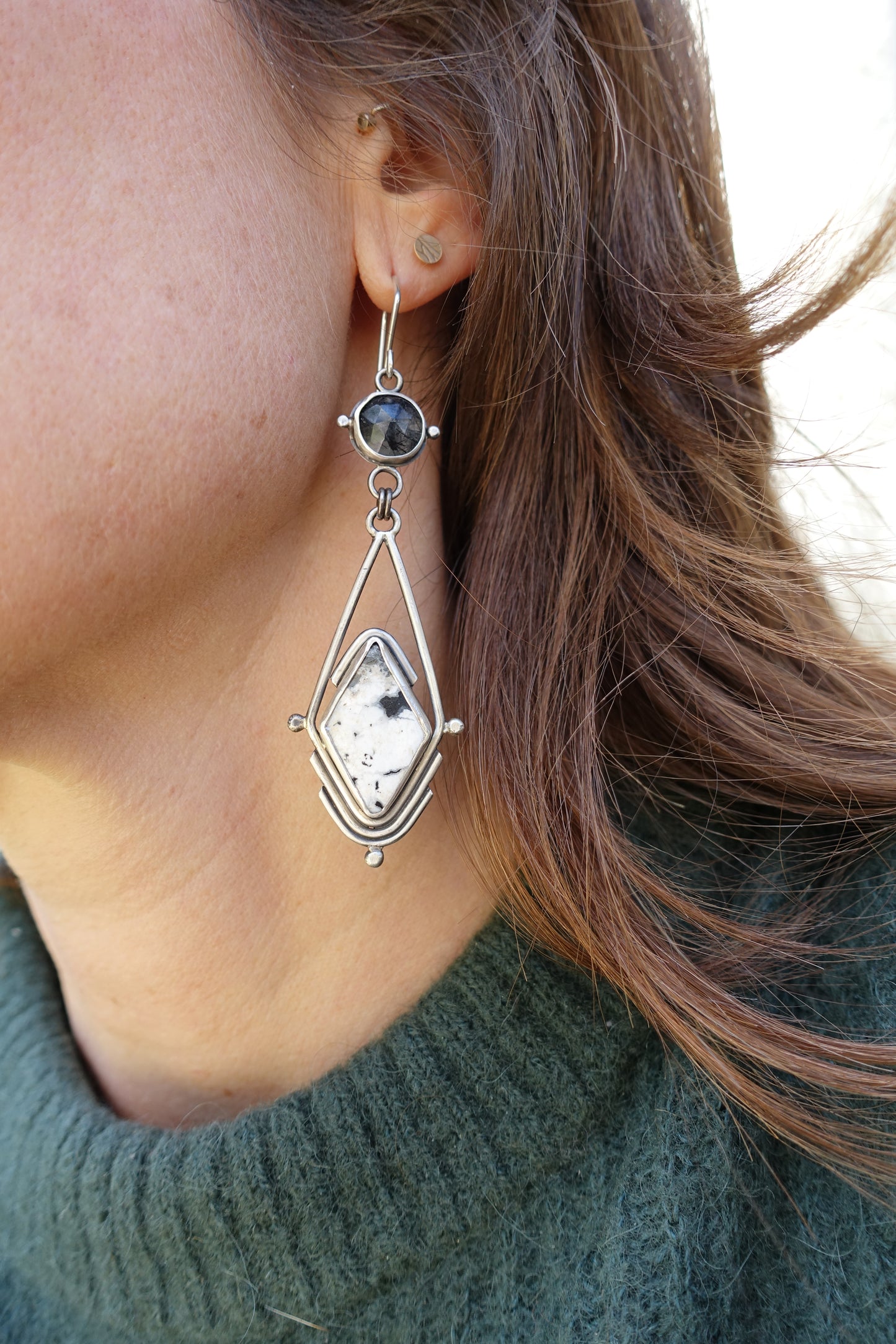 White Buffalo Turquoise & Tourmalinated Quartz Earrings