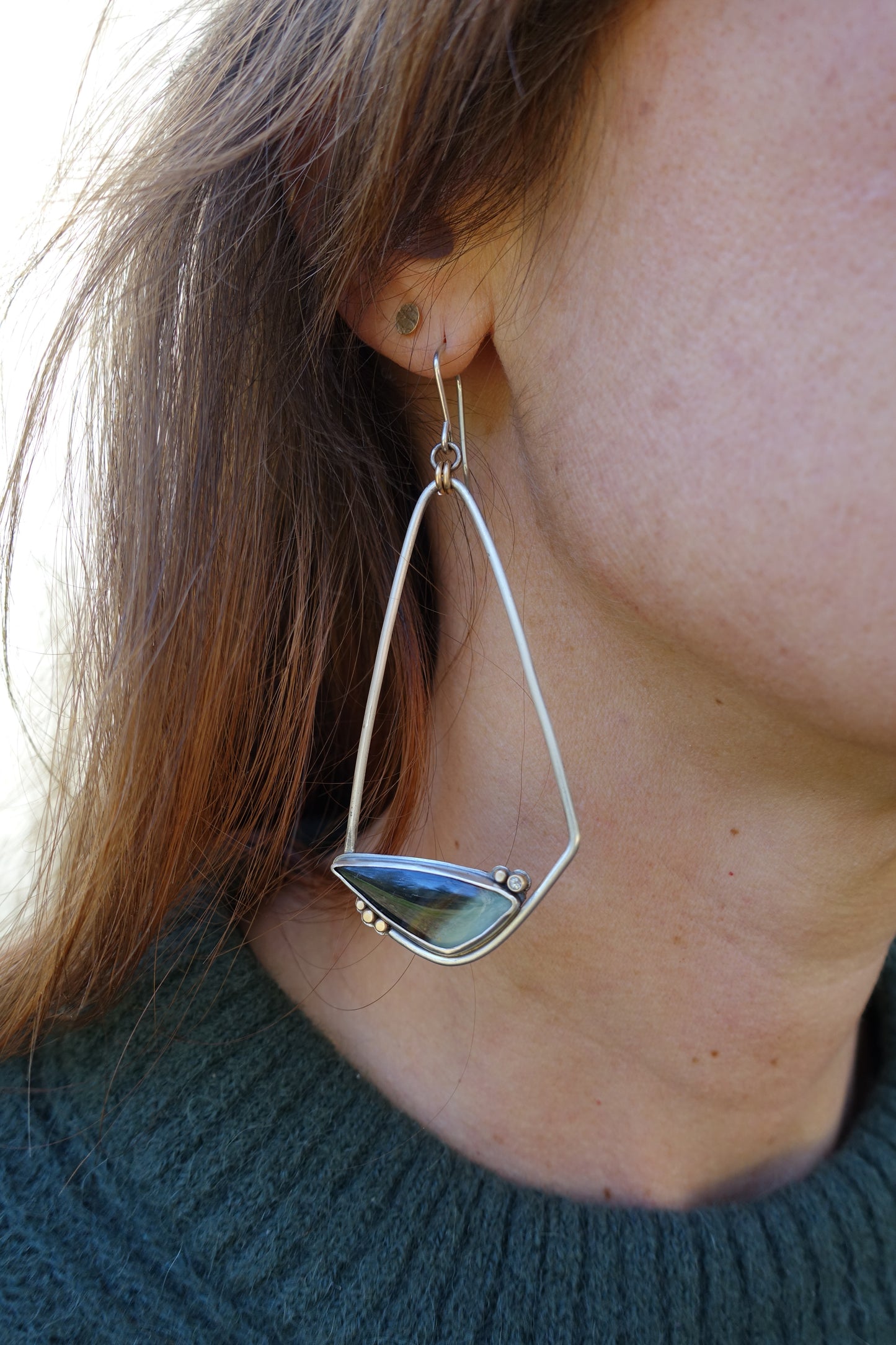 Opalized Petrified Wood Earrings with Gold & White Sapphires