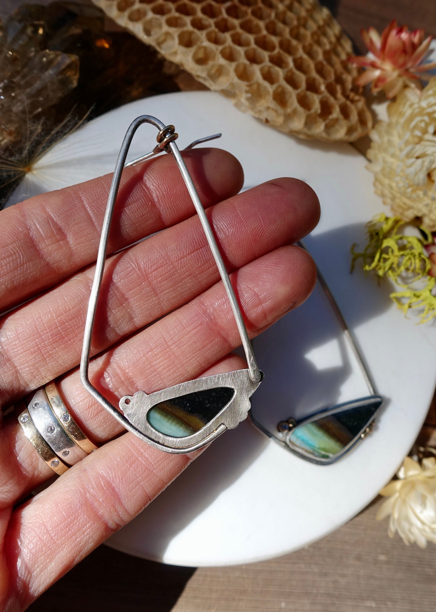 Opalized Petrified Wood Earrings with Gold & White Sapphires