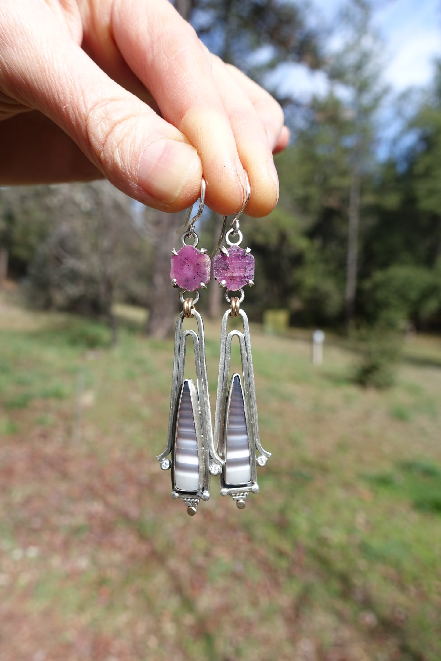 Raw Ruby & Striped Agate Statement Earrings