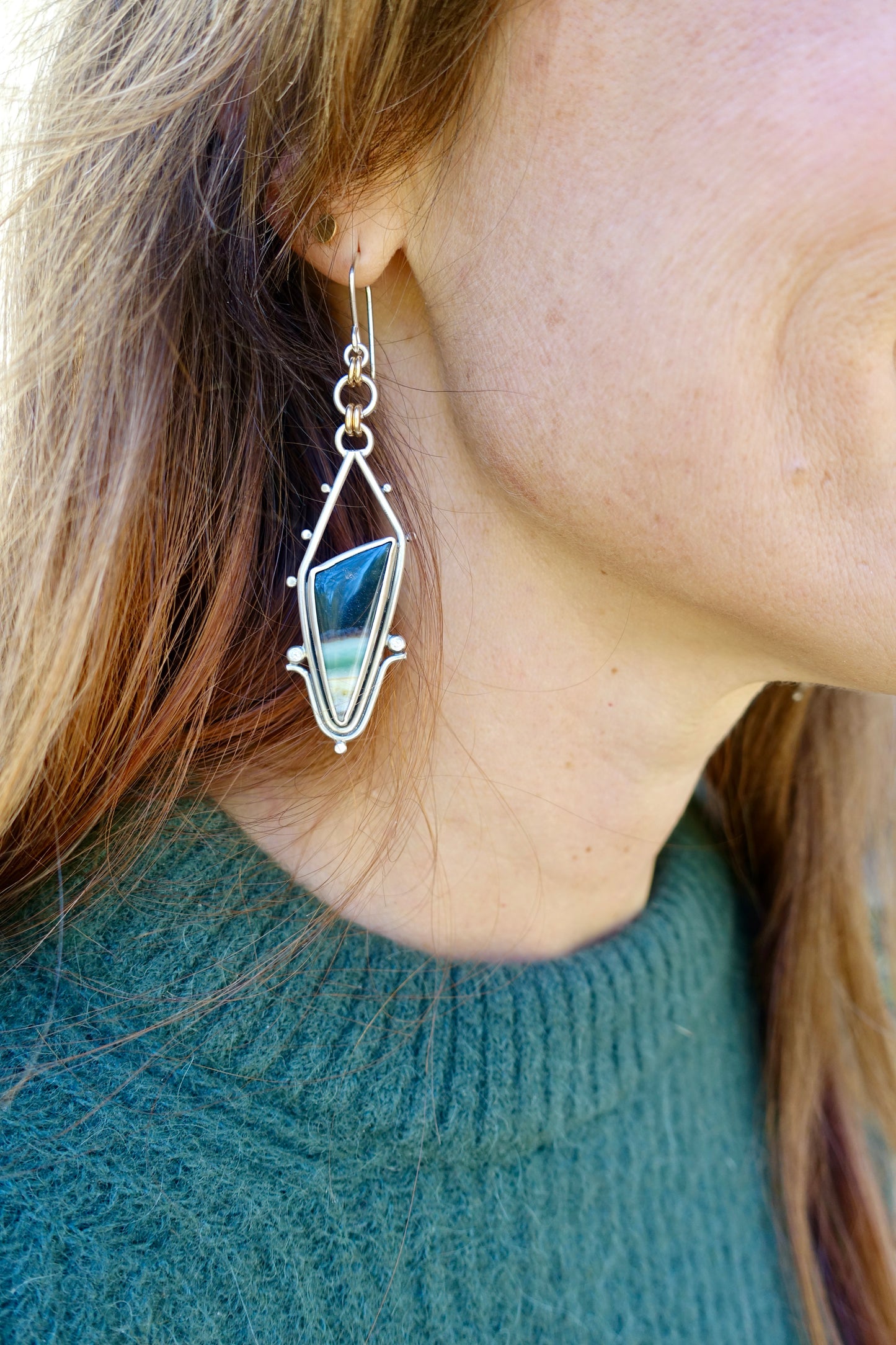 Opalized Petrified Wood Earrings with White Sapphires