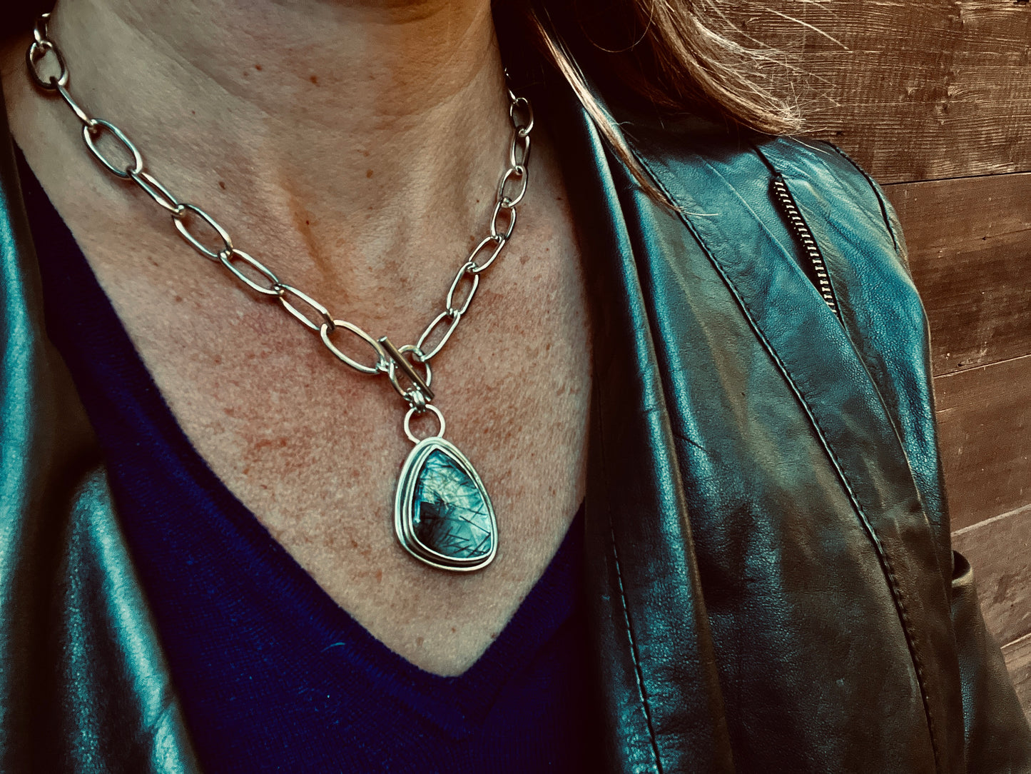 Tourmalinated Quartz Necklace with Chunky Handmade Chain