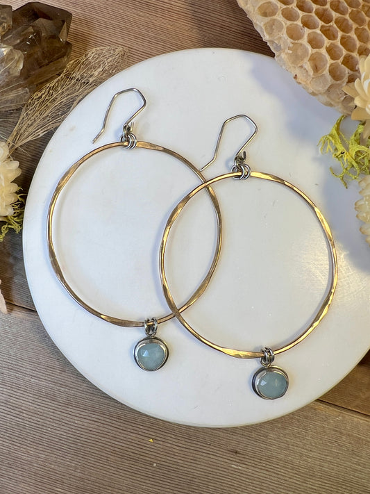 Mixed Metal Hoop Earrings with Rose-cut Aquamarine