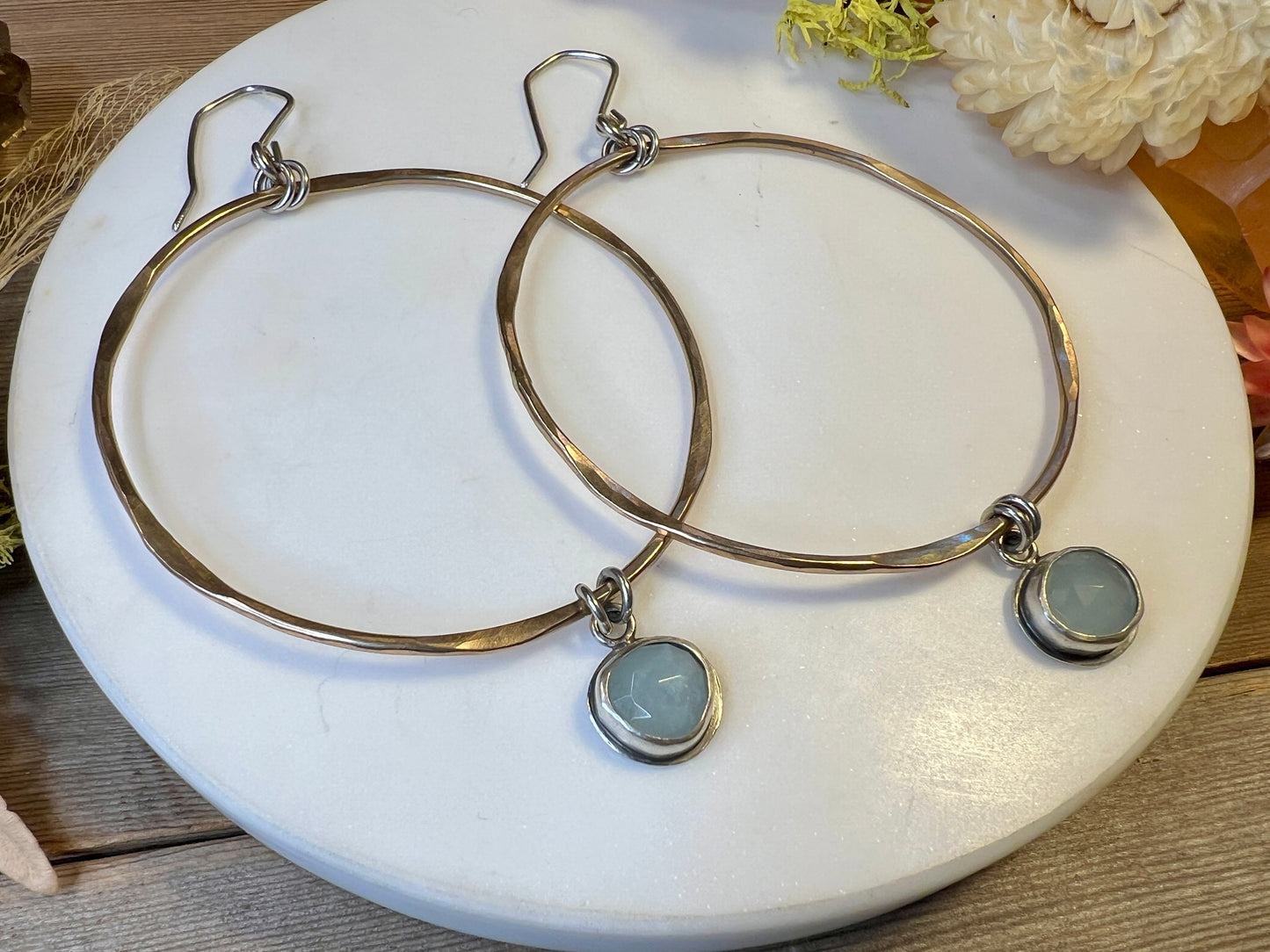 Mixed Metal Hoop Earrings with Rose-cut Aquamarine